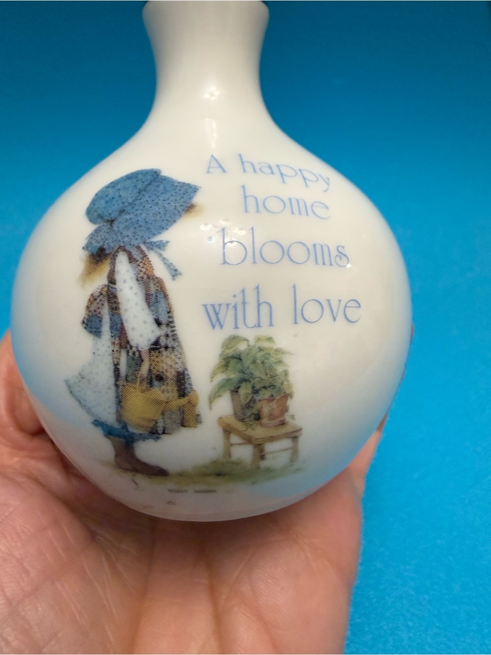 Vintage Holly Hobbie Blue Girl Porcelain Vase “Happy Home”